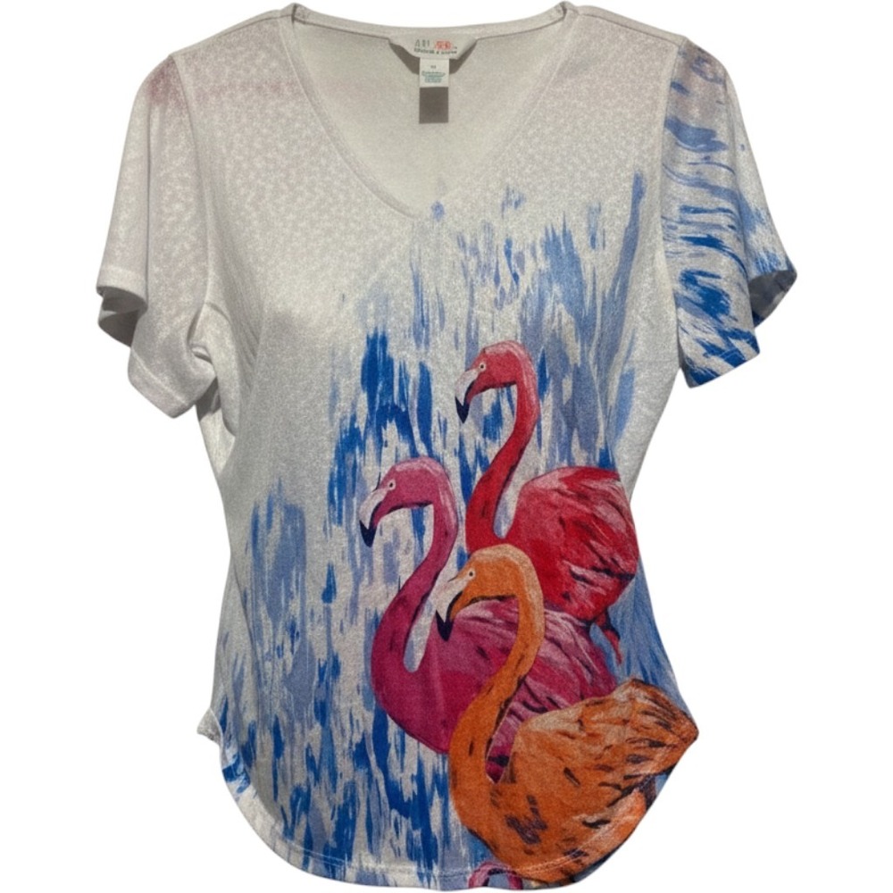 Art & Sol Flamingo Graphic V-Neck Burnout Knit Tee White Pink Blue Womens Medium